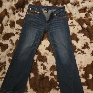 True Religion Blue Denim Jeans with Orange Stitching